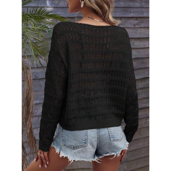 Women Sweater - Drop Shoulder Open Knit Sweater Black Size Small - Picture 2 of 6